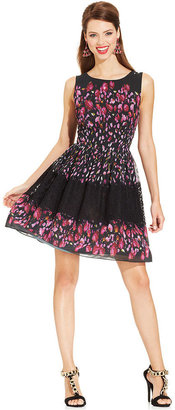 Betsey Johnson Floral-Print Lace-Stripe Dress