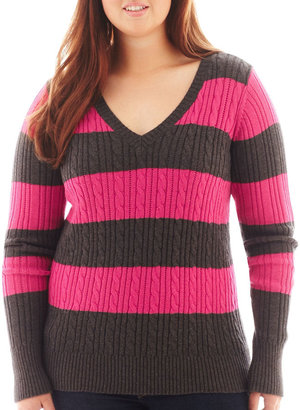 Arizona Long-Sleeve V-Neck Cable Knit Sweater - Plus