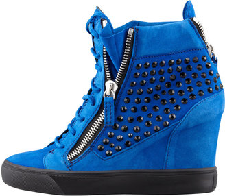 Giuseppe Zanotti Crystal-Studded Suede Wedge Sneaker, Blue
