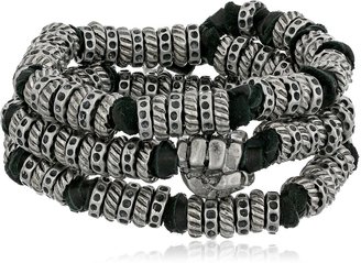 Ettika Men's Black Leather and Silver Colored Donut Beads Wrap Around Bracelet