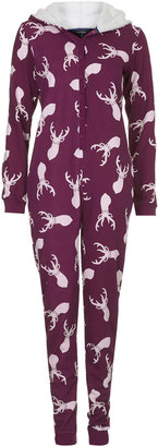 Topshop Burgundy fleece onesie with all-over stag print and fleece lined hood. 60% cotton, 40% polyester. machine washable.