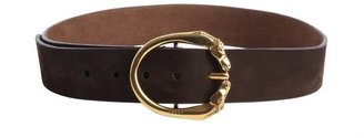 Gucci brown fabric logo engraved horse buckle classic belt