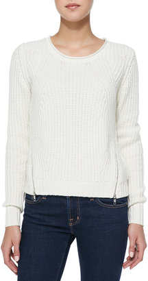 Autumn Cashmere Shaker-Stitch Zipper-Hem Cashmere Sweater, Winter White