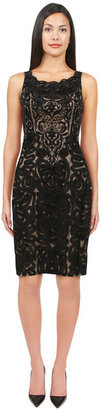 Sue Wong Scallop Neck Embroidered Dress in Black/Nude Women
