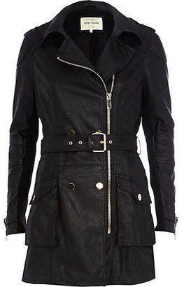River Island Womens Black leather-look biker trench coat