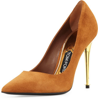 Tom Ford Suede Golden-Heel Pointed Pump, Tan