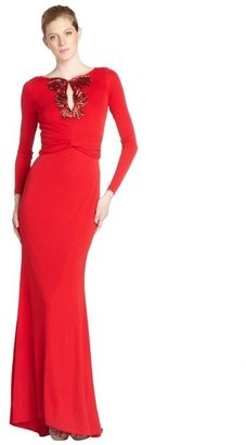 Badgley Mischka scarlet stretch beaded detail long sleeve gown