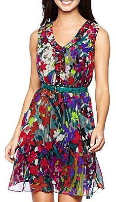 JCPenney Nine & Co.® Sleeveless V-Neck Ruffle-Edged Dress Iris Combo