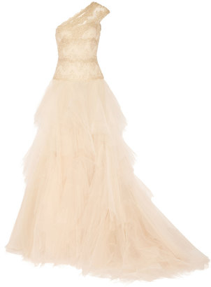 Marchesa One-shoulder embellished lace and tulle gown