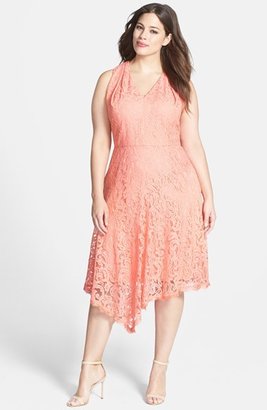 Adrianna Papell Peekaboo Detail V-Neck Lace Dress (Plus Size)
