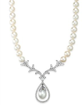 Arabella Bridal Cultured Freshwater Pearl (8mm) and Cubic Zirconia Necklace in Sterling Silver