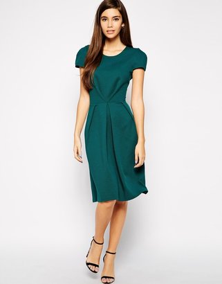 Love Textured Midi Dress with Pleat Detail - Bottle green
