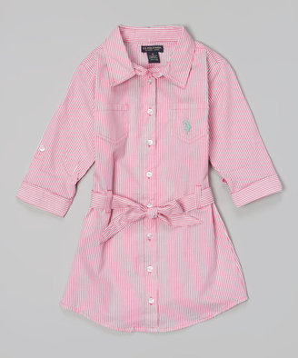 U.S. Polo Assn. Pink Kite Stripe Belted Button-Up Dress - Toddler & Girls