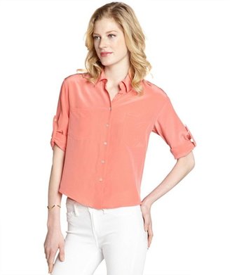 Chelsea Flower coral silk button down rolled 3/4 quarter sleeve blouse