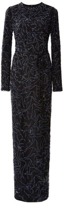 Monique Lhuillier Embroidered Long Sleeve Gown Noir/Midnight