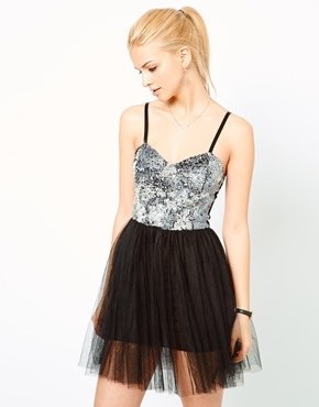 Motel Lina Sequin Dress with Net Skirt - Gry marbleseq