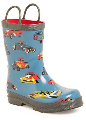 Hatley 'Hot Rods' Print Waterproof Rain Boot (Walker & Toddler)