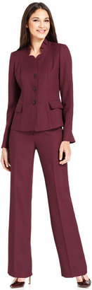 Le Suit Ruffle-Collar Crosshatch Pantsuit