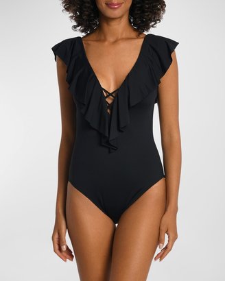 La Blanca Island Goddess Off-The-Shoulder Ruffled Tummy-Control One-Piece Swimsuit Women's 