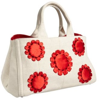 Prada cream and red  canvas flower detail tote