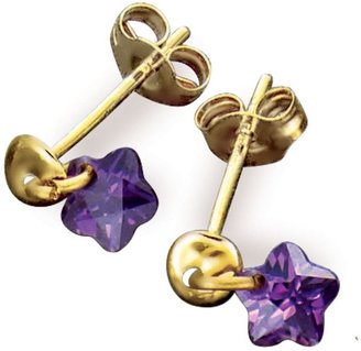 Children's 10K Yellow Gold Button Post Earrings With Cubic Zirconia Drop Flowers
