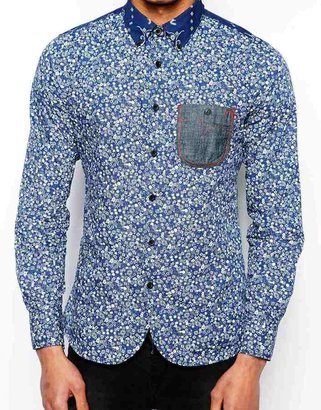 Evisu Genes Shirt Button Down Floral Bandana Chambray