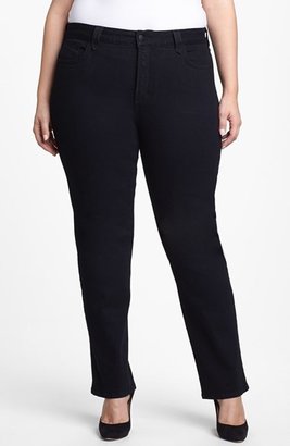 NYDJ 'Hayden' Embroidered Pocket Stretch Straight Leg Jeans (Black) (Petite Plus Size)