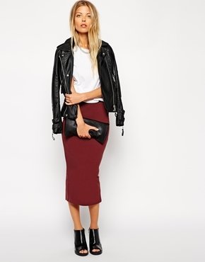 ASOS Midi Pencil Skirt in Jersey - burgundy