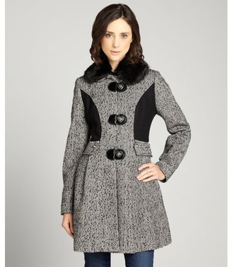 Betsey Johnson black and white wool sparkle herringbone faux fur collar 'BJ Lurex' coat