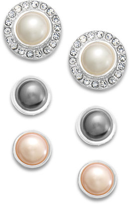 Charter Club Silver-Tone Interchangeable Crystal Jacket and Imitation Pearl Stud Earring Set