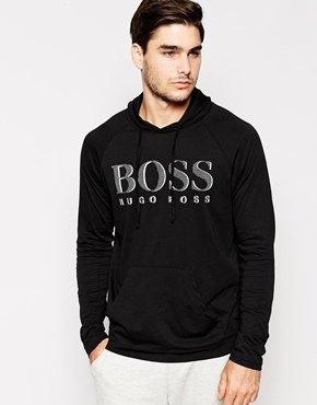 HUGO BOSS Logo Hooded Long Sleeve Top - black