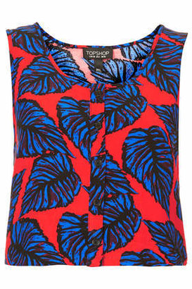 Topshop Womens Leaf Print Crop Button Vest - Red