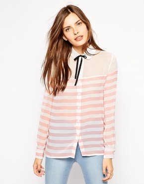 Dahlia Striped Blouse With Neck Tie - pink/white
