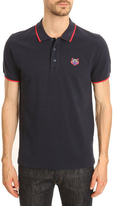 Kenzo Tiger Navy Blue Polo with Embroidered Fluorescent Pink Trim