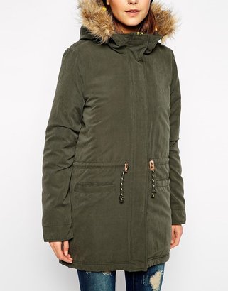 Only Faux Fur Hooded Parka With Contrast Lining