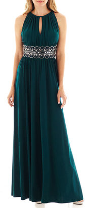 R & M Richards R&M Collection Sleeveless Beaded-Waist Halter Gown