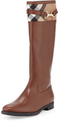 Burberry Check-Top Leather Knee Boot, Dark Tan