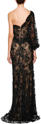Marchesa Black Re-Embroidered One Shoulder Gown