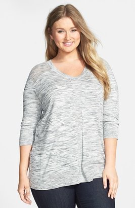 Sejour Mesh Shoulder Space Dye V-Neck Sweater (Plus Size)