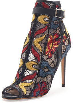 Valentino Embroidered Peep-Toe Ankle Boot, Black Multi