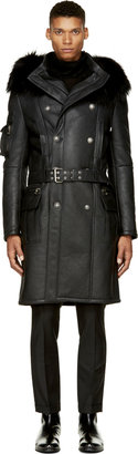 Balmain Black Leather & Shearling Double-Breasted Greatcoat