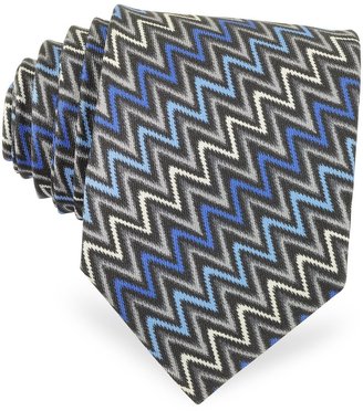 Missoni Blue and Gray Wave Zig Zag Silk Narrow Tie