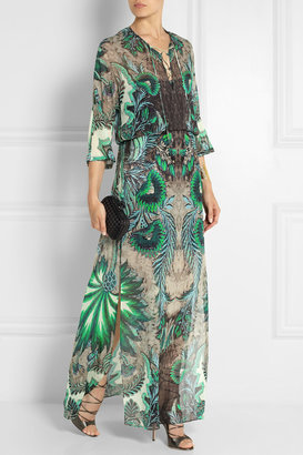 Roberto Cavalli Satin-paneled printed silk-chiffon maxi dress