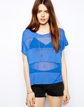 MinkPink Sheer Panelled T-Shirt - Blue