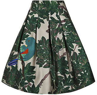 Oscar de la Renta Parrot Embroidered Full Pleated Skirt