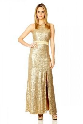 Quiz Gold Sequin Split Maxi Dress