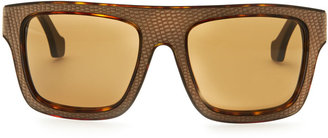 Balenciaga Square Straight Brow Lizard-Embossed Sunglasses, Dark Havana/Brown
