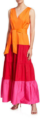 Milly Nicola Colorblock Tiered Poplin Maxi Dress