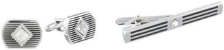Stacy Adams Men's Silver Cuff Link and Tie Bar with Crystal and Stripes Set