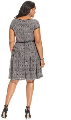 London Times Plus Size Dress, Cap-Sleeve Belted Lace